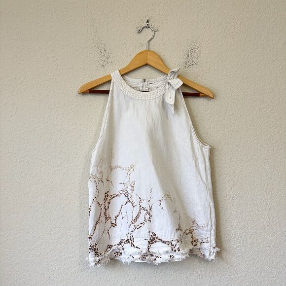 MARC CAIN Top White Animal Print Sleeveless Fringed Cotton Blend - Picture 2 of 12